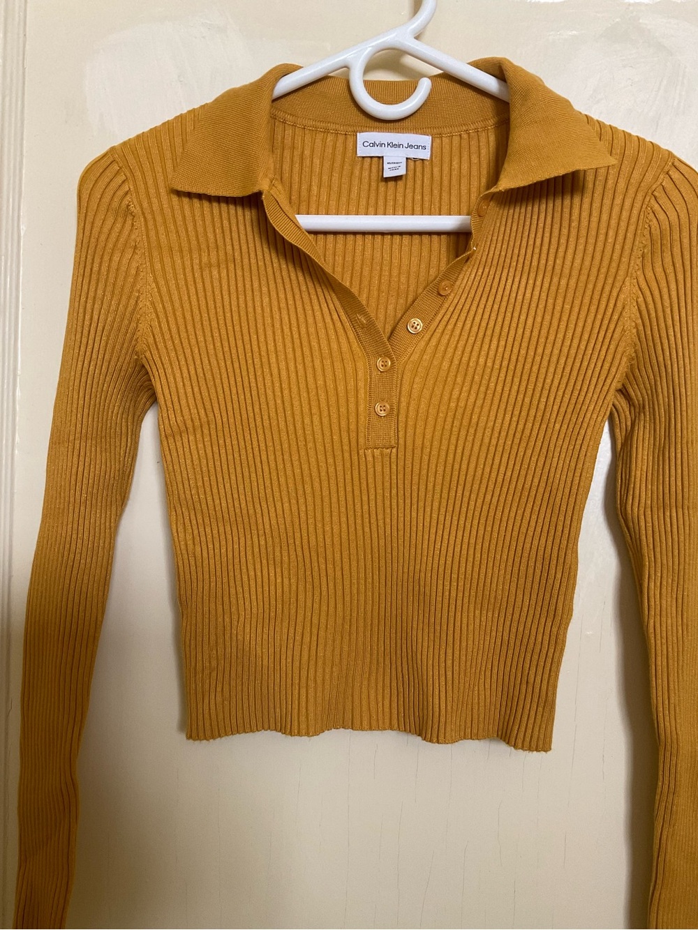Calvin Klein Jeans Ribbed Polo Long-Sleeve Top - Mustard